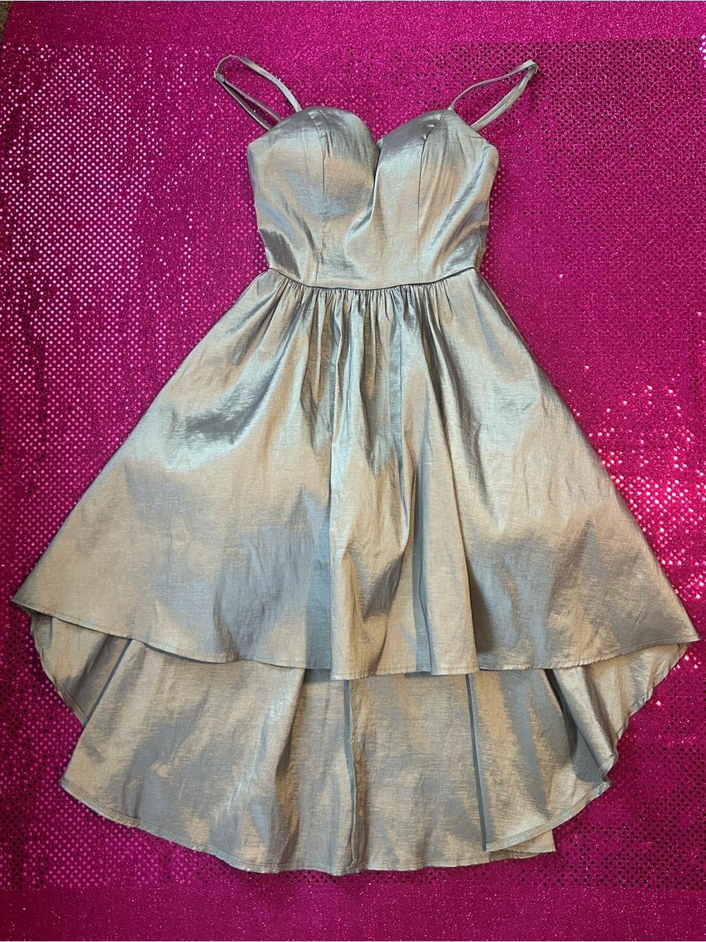 silver color-shifting spaghetti strap high-low formal homecoming dress